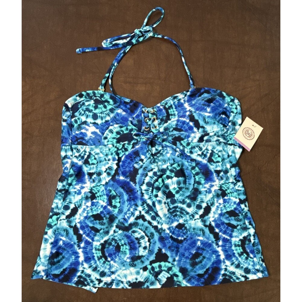 NWT So Brand Women’s Boho Halter & Lace Up Swimsuit Tankini Top Sz XL Tie Dye